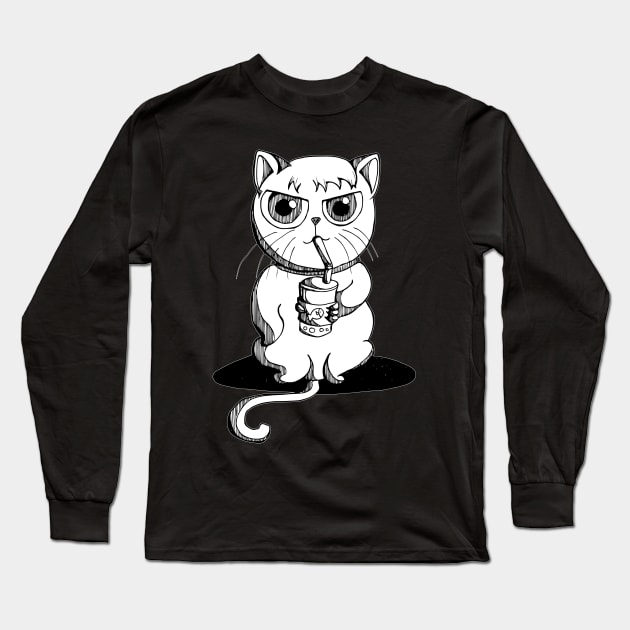 Chubby cat drink bubble tea Long Sleeve T-Shirt by TKDoodle